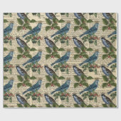 Blauwe vogels en kerstHolly Berries Cadeaupapier (Vlak)