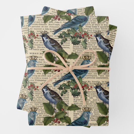 Blauwe vogels en kerstHolly Berries Inpakpapier Vel (In situ)