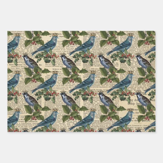 Blauwe vogels en kerstHolly Berries Inpakpapier Vel (Voorkant)