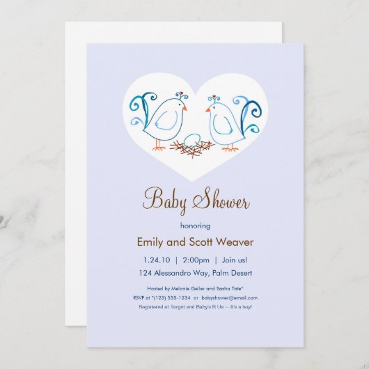 Blauwe vogels en nestbabyschoeisel kaart (Voorkant / Achterkant)