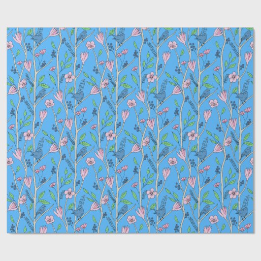 Blauwe Vogels en Roze Bloemen Cadeaupapier (Vlak)