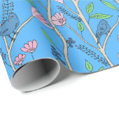 Blauwe vogels en roze bloemen cadeaupapier (Rol Hoek)