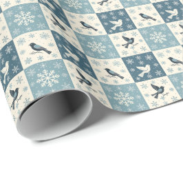 Blauwe Vogels en Sneeuwvlokken Kerst Winter Patroo Cadeaupapier