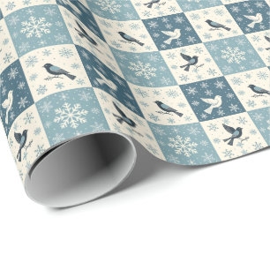Blauwe Vogels en Sneeuwvlokken Kerst Winter Patroo Cadeaupapier