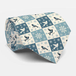 Blauwe Vogels en Sneeuwvlokken Kerst Winter Patroo Stropdas