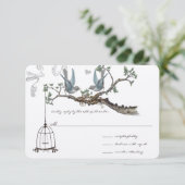 Blauwe  vogels en vogelhuwelijken RSVP kaartje (Staand voorkant)