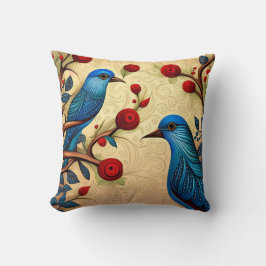Blauwe Vogels Folk Art Rode Bloemen Swirls Kussen