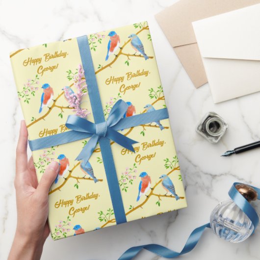 Blauwe vogels Geel inpakpapier (Geschenken)