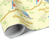 Blauwe vogels Geel inpakpapier (Rol Hoek)