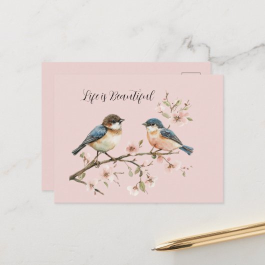 Blauwe Vogels Kersenbloesem Briefkaart (Voorkant / Achterkant in situ)