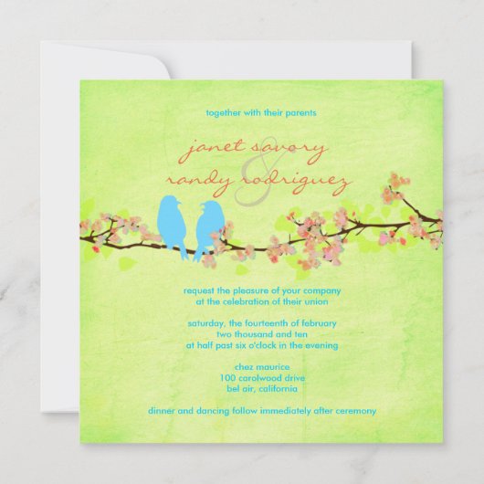 Blauwe vogels/kleurrijke bloesems/grijze limoen kaart (Achterkant)