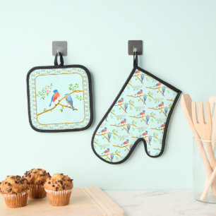 Blauwe vogels Lichtblauwe ovenwant en pannenlap se Ovenwant & Pannenlap Set