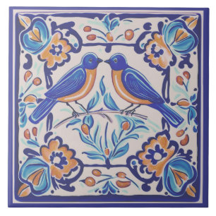 Blauwe vogels Mediterraan BlauwVogel Folk Bloemen Tegeltje