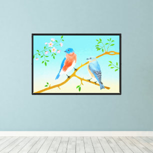 Blauwe vogels met gele & blauwe achtergrond & lijs canvas afdruk