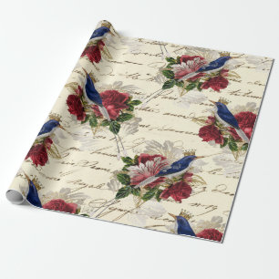  blauwe vogels met kronen en Rozen Cadeaupapier