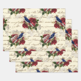  blauwe vogels met kronen en Rozen Inpakpapier Vel