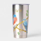 Blauwe vogels met monogram geïsoleerde drinkbeker (Links)