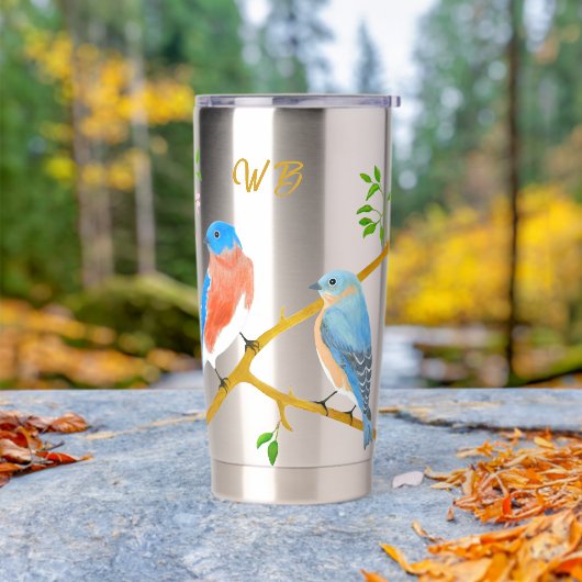 Blauwe vogels met monogram geïsoleerde drinkbeker (Buiten)
