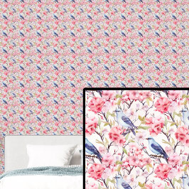Blauwe vogels met roze bloemen behang