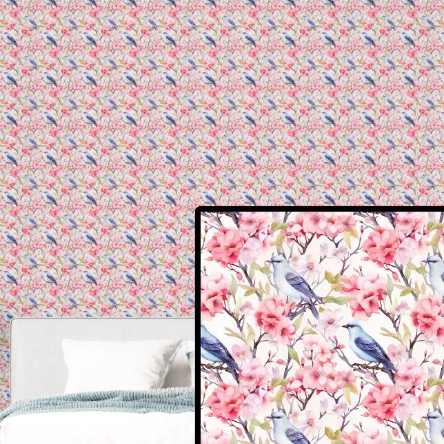 Blauwe vogels met roze bloemen behang (Creator heeft geüpload)