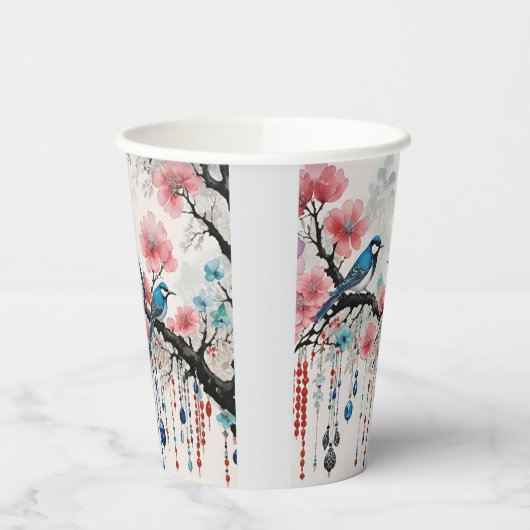 Blauwe vogels op Cherry Blossom Branches Papieren Bekers (Links)