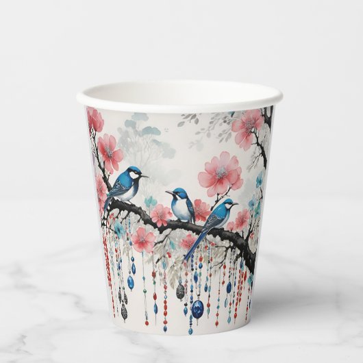 Blauwe vogels op Cherry Blossom Branches Papieren Bekers (Voorkant)
