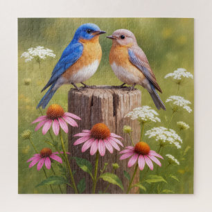 Blauwe vogels op een hekpaal legpuzzel