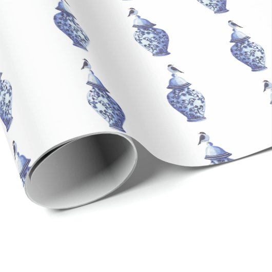 Blauwe vogels op gemberpotten inpakpapier (Rol Hoek)