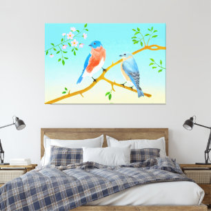 Blauwe vogels op gespannen canvas afdruk