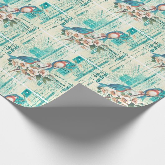 blauwe vogels op het Franse ephemera Cadeaupapier (Hoek)