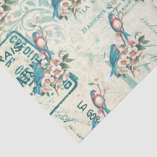 blauwe vogels op het Franse ephemera Tissuepapier (Detail)