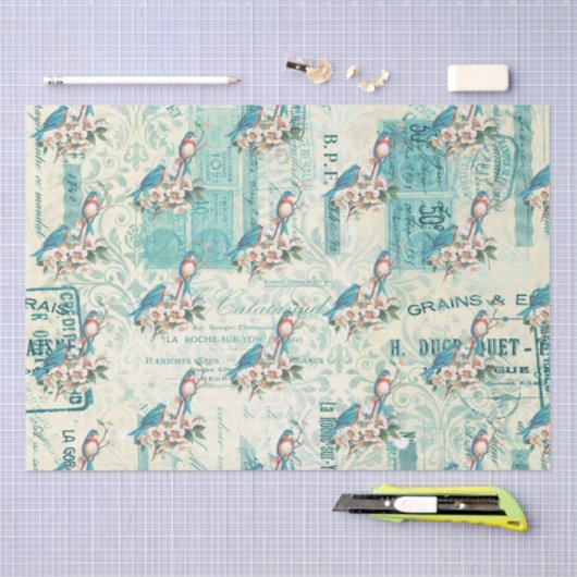  blauwe vogels op het Franse ephemera Tissuepapier (Craft)