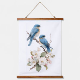 Blauwe vogels op kersenbloesem hangend wandkleed