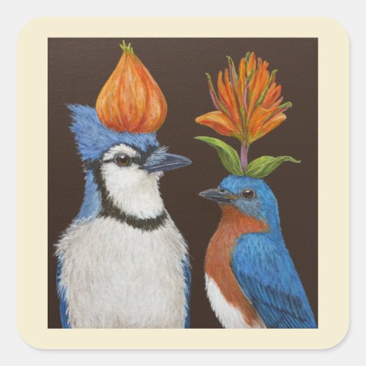 Blauwe Vogels op Oranje Pet Nachtvogels stickers (Voorkant)