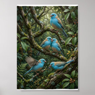 Blauwe Vogels Op Weelderige Bosbomen Botanische Na Poster