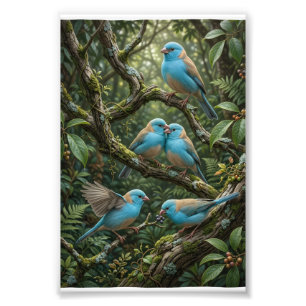 Blauwe Vogels Op Weelderige Bosbomen Botanische Wi Foto Afdruk