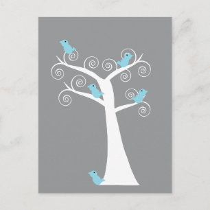 Blauwe Vogels op Witte Boom Grijze Achtergrond Nat Briefkaart