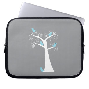 Blauwe vogels op witte boom Grijze achtergrond Nat Laptop Sleeve
