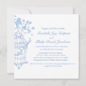 Blauwe vogels, open kooi-vierkant huwelijksuitnodi kaart (Achterkant)