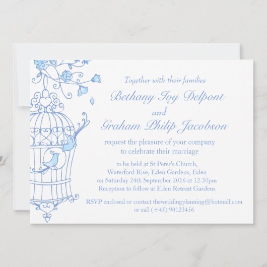 blauwe vogels open uitnodiging voor bruiloft (Achterkant)