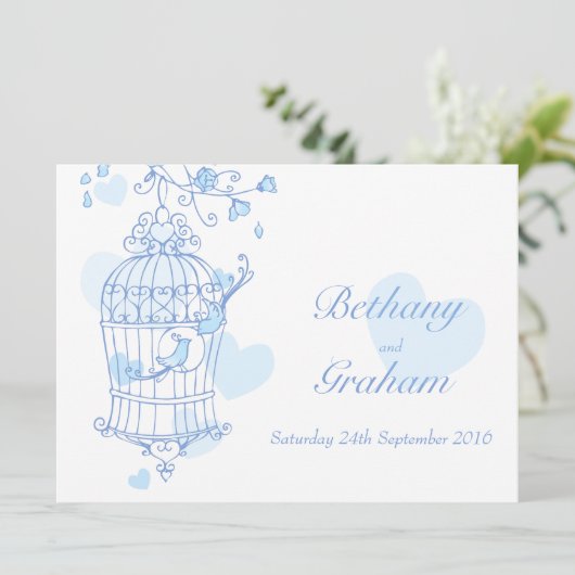 blauwe vogels open uitnodiging voor bruiloft (Staand voorkant)