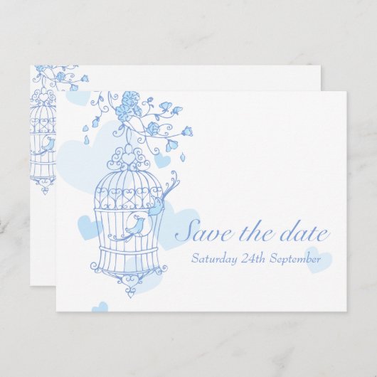 Blauwe vogels openen kooi bruiloft opslaan van de aankondigingskaart (Voorkant / Achterkant)