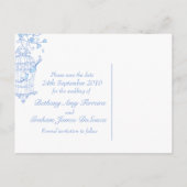 Blauwe vogels openen kooi bruiloft opslaan van de  aankondigingskaart (Achterkant)