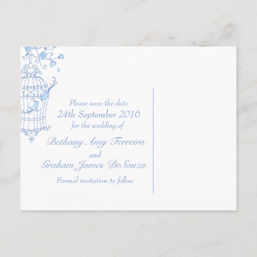 Blauwe vogels openen kooi bruiloft opslaan van de  aankondigingskaart (Achterkant)