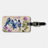  blauwe vogels, paarse bloemen, beige muziek bagagelabel (Voorkant horizontaal)