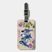  blauwe vogels, paarse bloemen, beige muziek bagagelabel (Voorkant verticaal)
