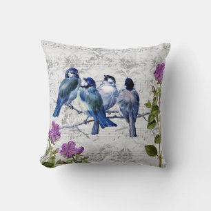  blauwe vogels, paarse bloemen, blauw muziek kussen
