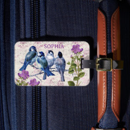  blauwe vogels, paarse bloemen, lavendere muziek bagagelabel
