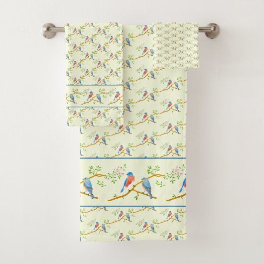 Blauwe vogels paren met gele bad handdoek (Insitu)