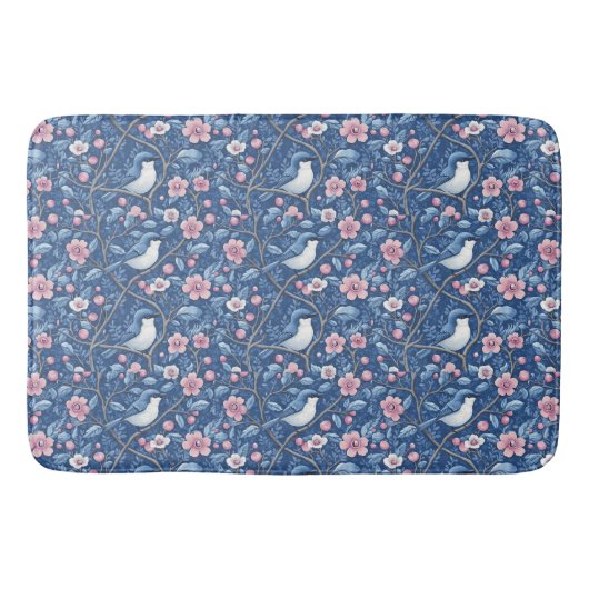 Blauwe Vogels Roze Rozen Elegant Badmat (Voorkant)